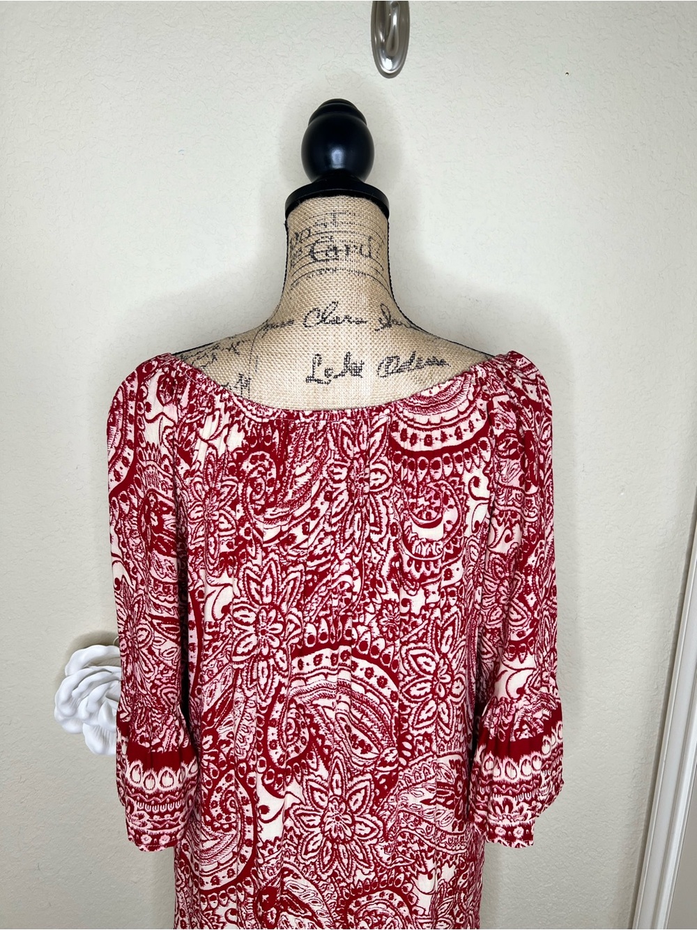 NTM: Umgee Red White Paisley Boho Shift Dress Bell Sleeve Knee Length Medium - Picture 12 of 15